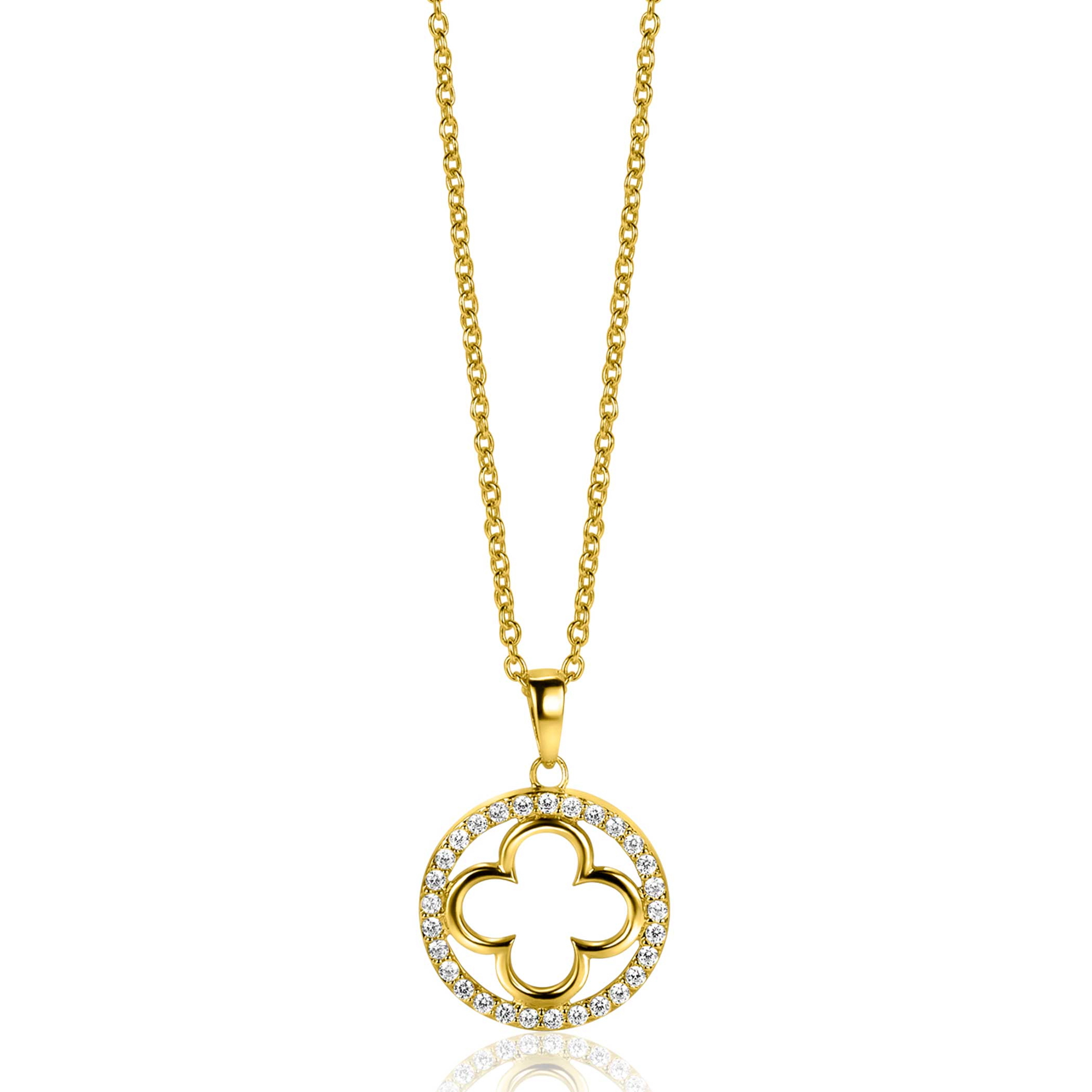 ZINZI gold plated zilveren anker ketting met luxe klaver hanger (15mm) rondom bezet met witte zirconia's 45-48cm ZIC2617Y