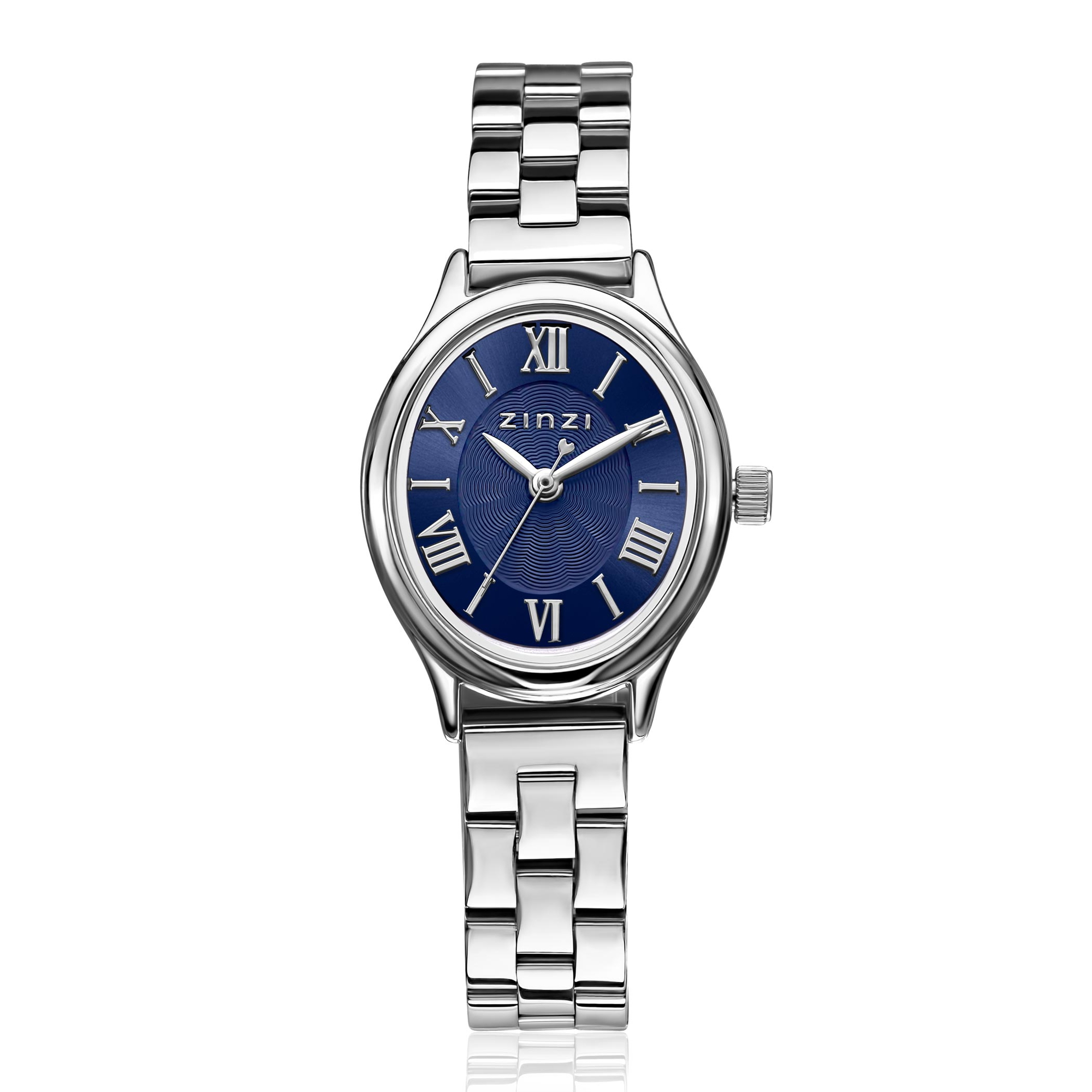ZINZI Belle Ovale 26mm zilverkleurig horloge blauwe wijzerplaat en stalen schakelband, Japans uurwerk ZIW2955
