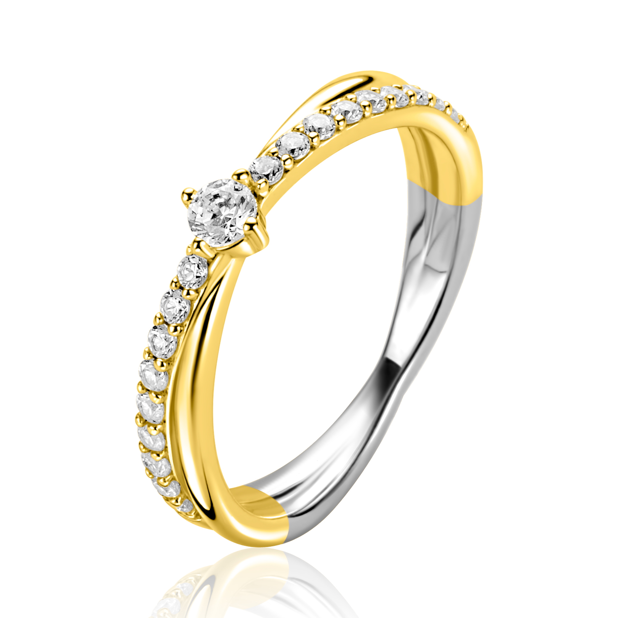 ZINZI gold plated zilveren cross-over ring, bezet met witte zirkonia’s ZIR2725Y