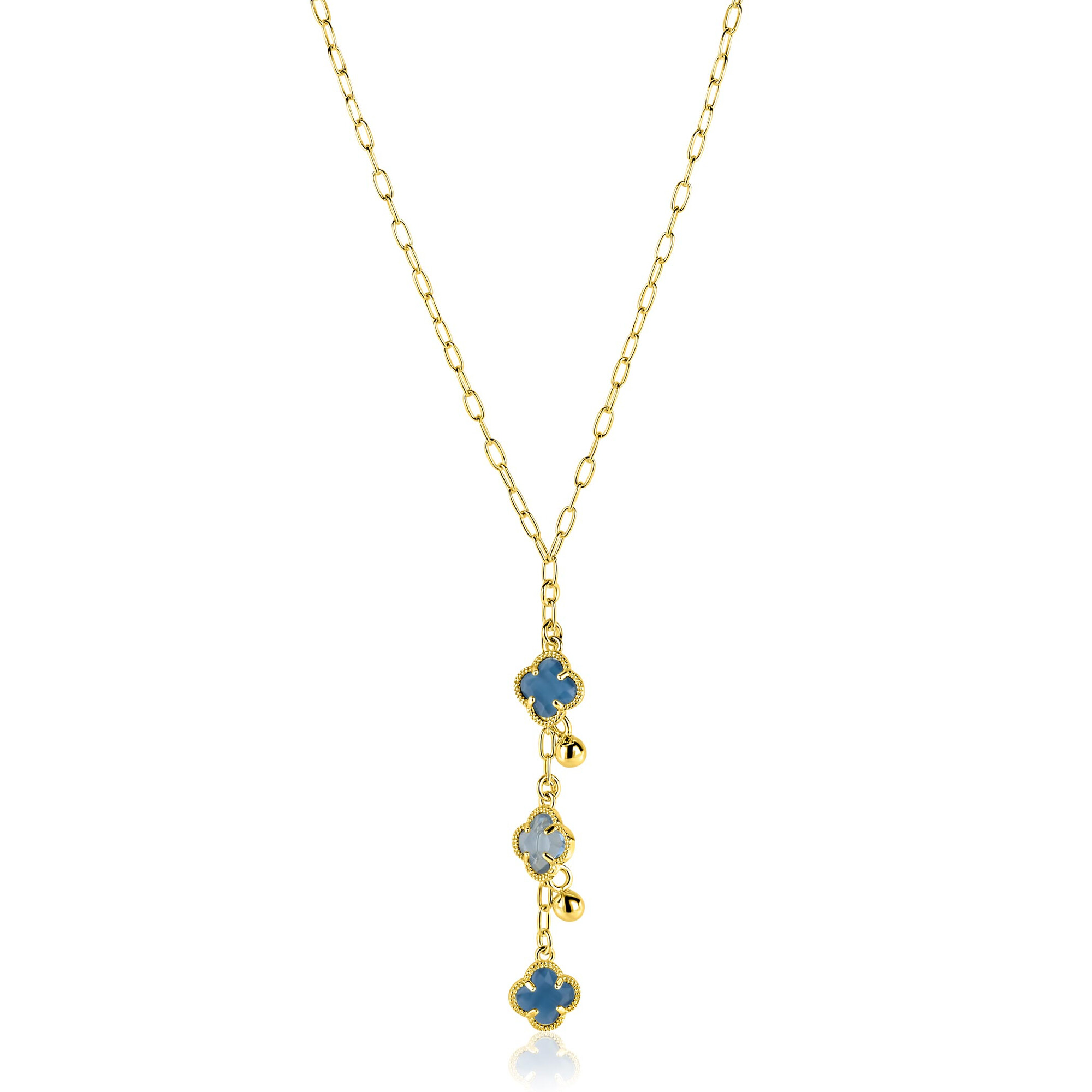 ZINZI zlv. Y-collier gg.verg.met blauwe klavers