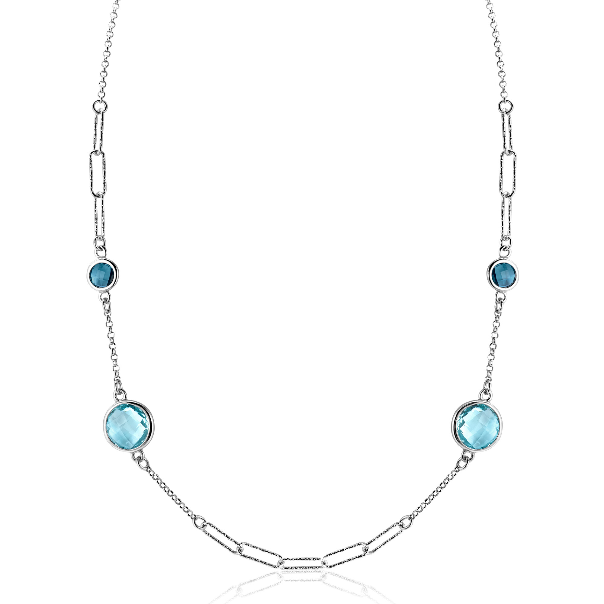 ZINZI Sterling Silver Fantasy Necklace with Paperclip Chains and 4 Round Settings Set with Light Blue and Indigo Blue Color Stones 40-45cm ZIC2418