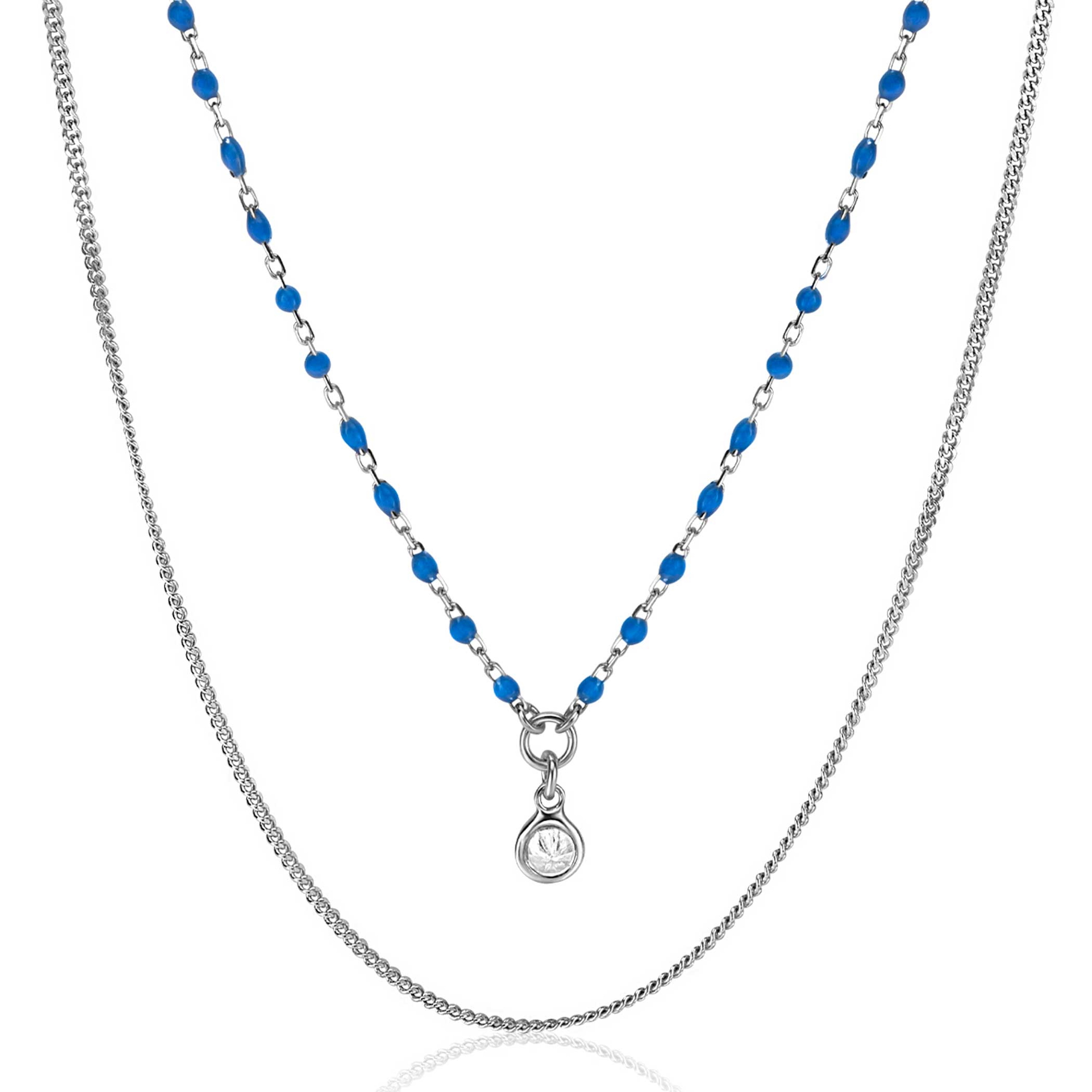 ZINZI Sterling Silver Multi-look Necklace Curb and Blue Bead Chain with Round Setting with White Zirconia 42-45cm ZIC2529