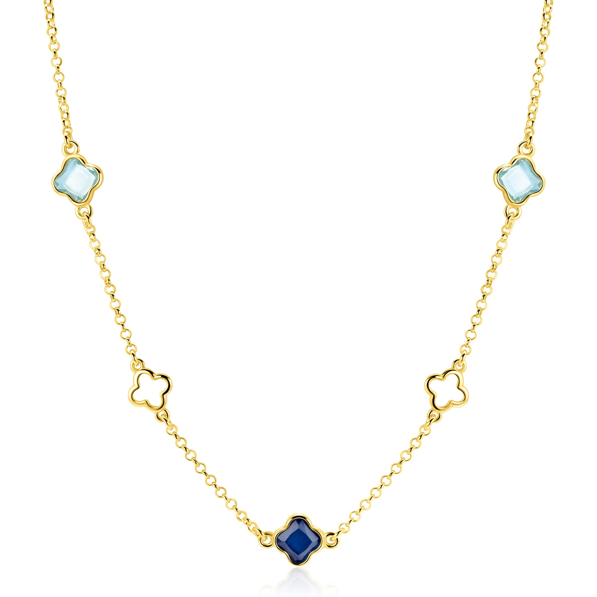 ZINZI zlv. collier gg.verg.met klavers blauw tinten
