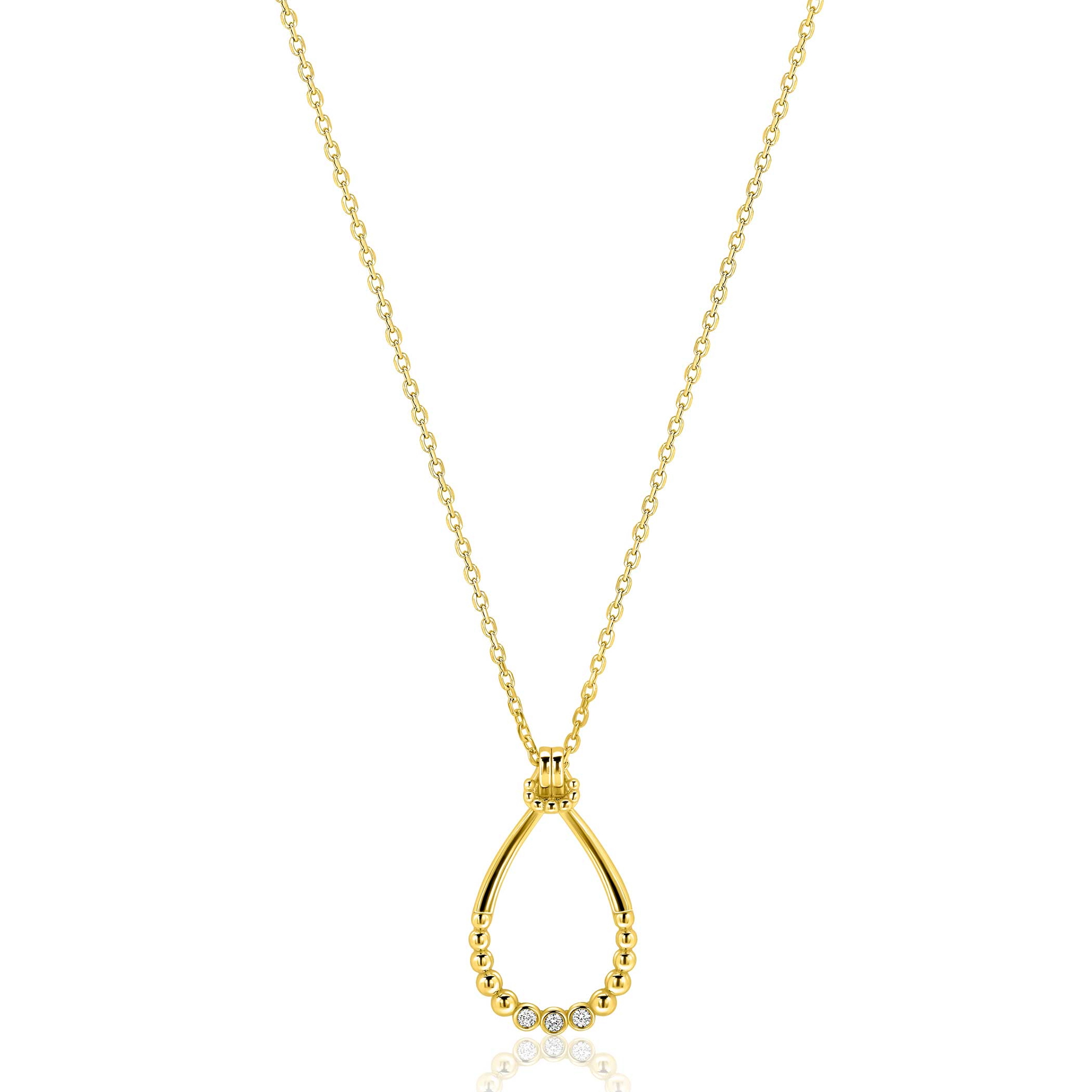 ZINZI goldplated zilveren ketting 45cm met open druppelvormige hanger, met bolletjes en drie witte zirkonia’s ZIC2839Y