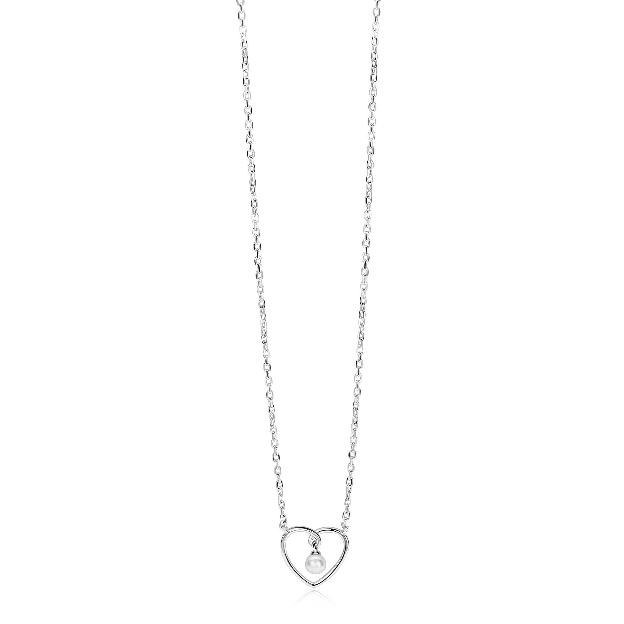 ZINZI zilveren ketting met opengewerkt hart (12mm) en bungelend witte parelhanger 42-45cm ZIC2865