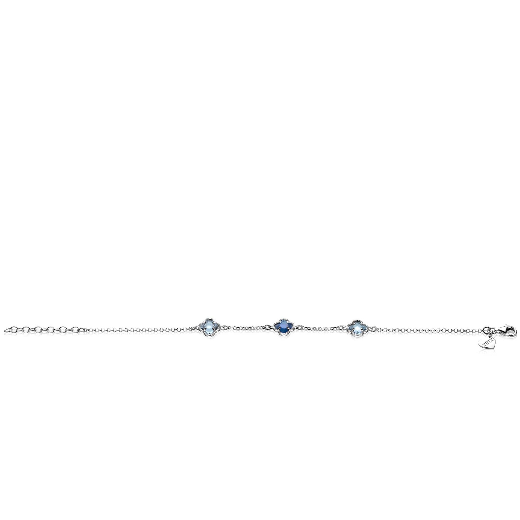 ZINZI silver link bracelet with two light blue clovers and one