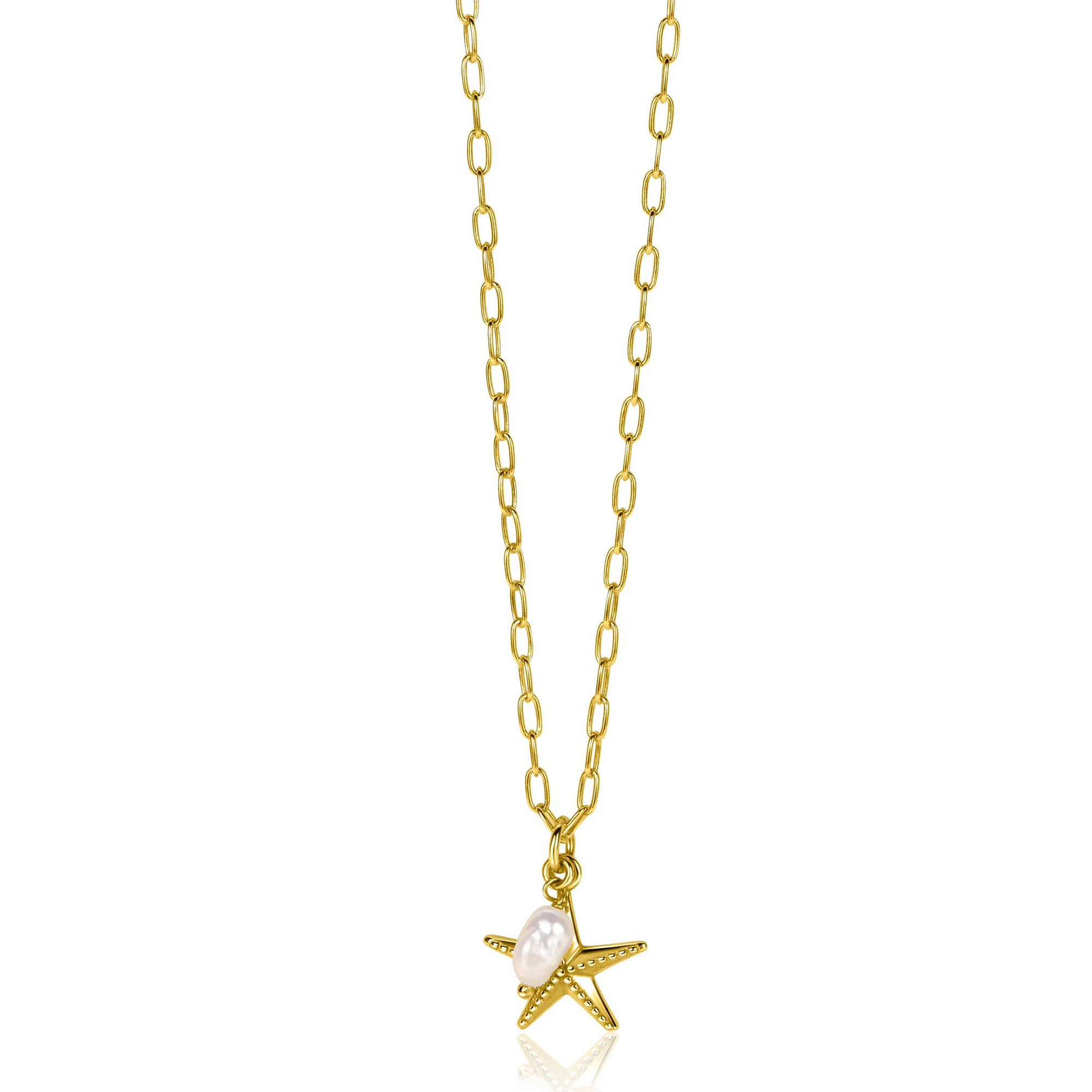 ZINZI gold plated silver necklace with paperclip links and large starfish pendant with oval white freshwater pearl 40-45cm ZIC2641