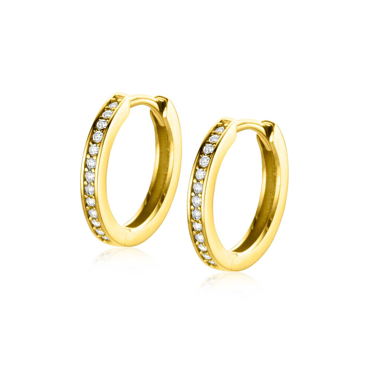 15mm ZINZI Gold 14 krt gouden oorringen, bezet met witte zirconia's met luxe klapsluiting 15mm x 2mm vierkante buis ZGO571Z
