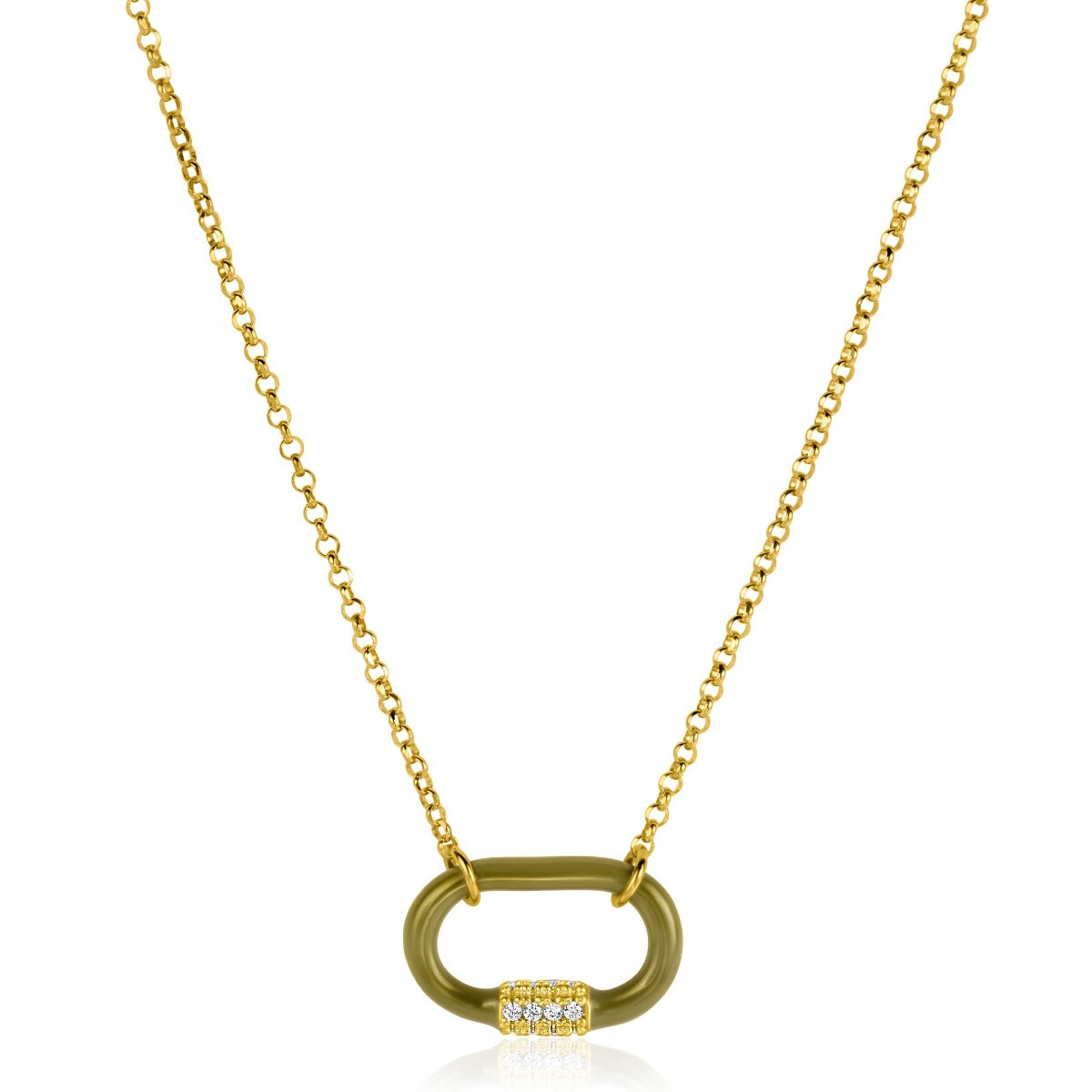 ZINZI gold plated zilveren schakelketting 45cm ovale hanger olijfgroen emaille en witte zirconia's ZIC2374
