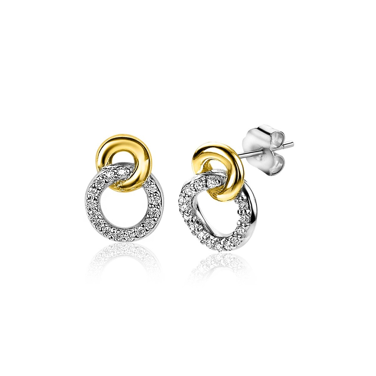 ZINZI silberne zweifarbige Ohrstecker 11mm verbunden Kreise glatt und  weiße Zirkonia ZIO2045Y