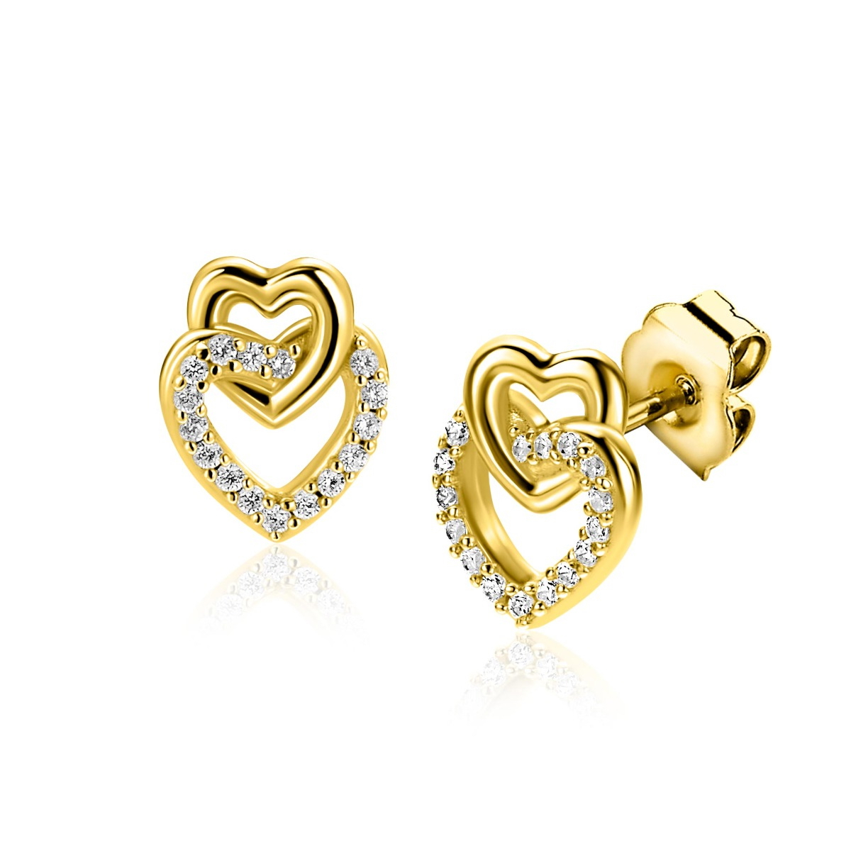 10mm ZINZI gold plated zilveren oorknoppen 2 open hartjes met elkaar verbonden, waarvan 1 hartje bezet met witte zirconia's ZIO2493Y