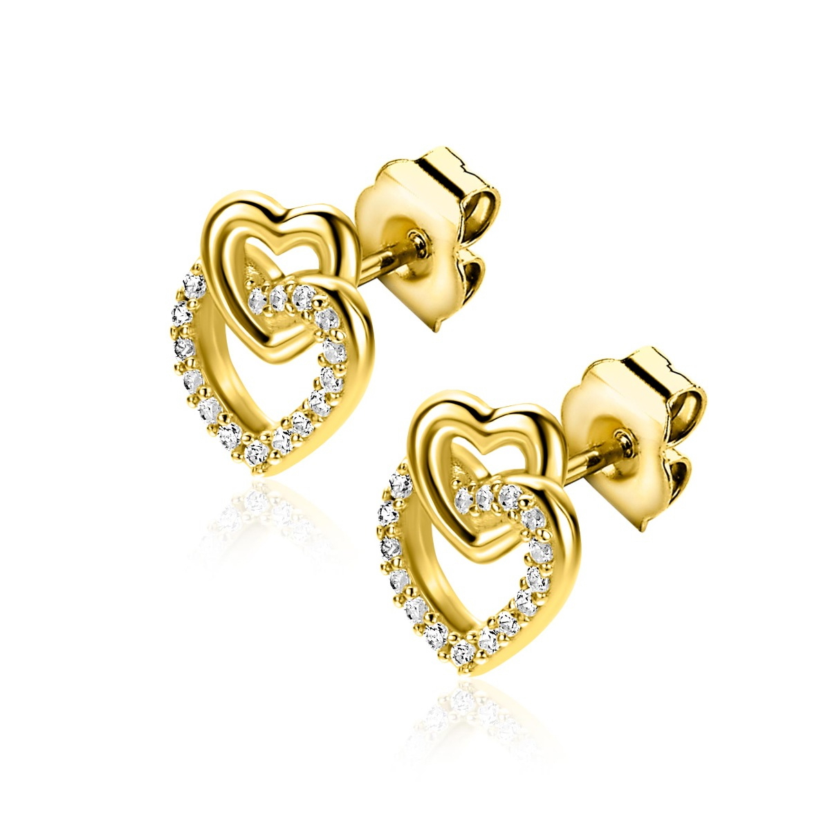 10mm ZINZI gold plated zilveren oorknoppen 2 open hartjes met elkaar verbonden, waarvan 1 hartje bezet met witte zirconia's ZIO2493Y