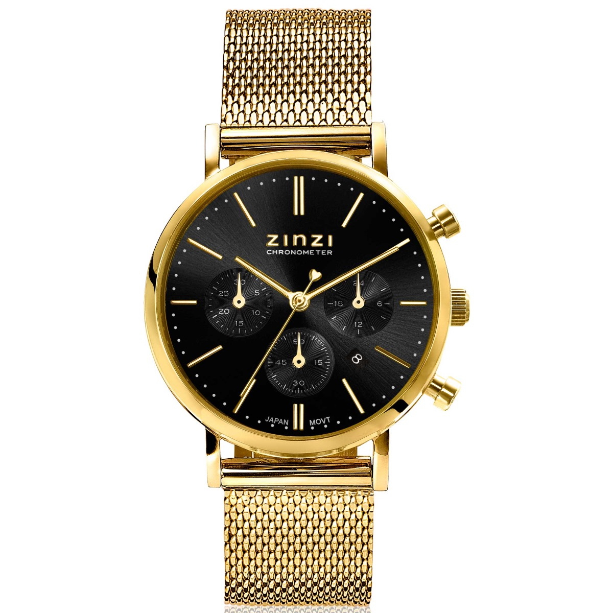ZINZI horloge CHRONOGRAPH 34mm zwarte wijzerplaat met datum en chronometers, geelgoudkleurige stalen kast, geelgoudkleurige stalen mesh band 18mm ZIW1543
