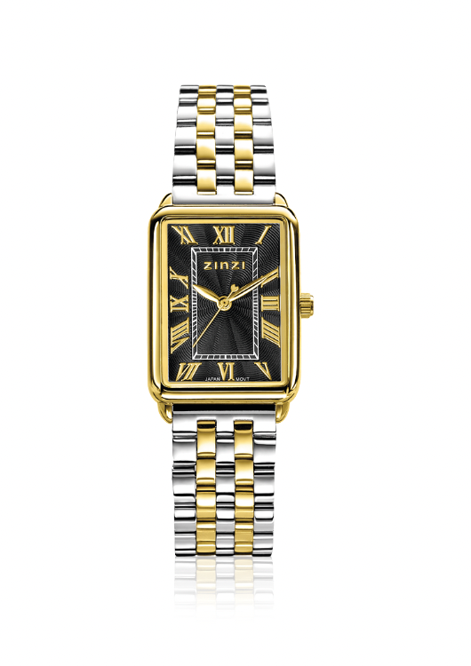 ZINZI Elegance horloge zwarte wijzerplaat en rechthoekige kast stalen bicolor schakelband 28mm extra dun ZIW1943
