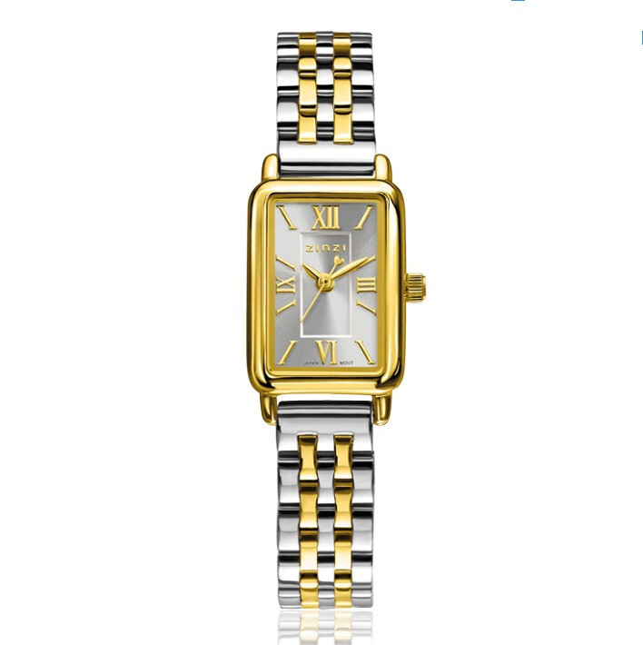 ZINZI Small Elegance bicolor horloge zilverkleurige sunray wijzerplaat en rechthoekige kast stalen bicolor schakelband 22mm extra dun ZIW2833
