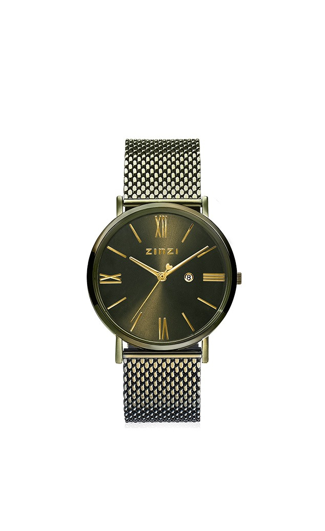 ZINZI Roman horloge olijfgroene wijzerplaat en kast met goudkleurige wijzers olijfgroene stalen mesh band 34mm ZIW544M