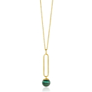 ZINZI gold plated zilveren ketting met lange ovale hanger en bungelende groene cateye in bolvorm 40-45cm ZIC2420