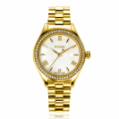 ZINZI Tresor horloge 32mm bezet met witte zirkonia's, parelmoer wijzerplaat en goudkleurige stalen kast en schakelband ZIW2434
