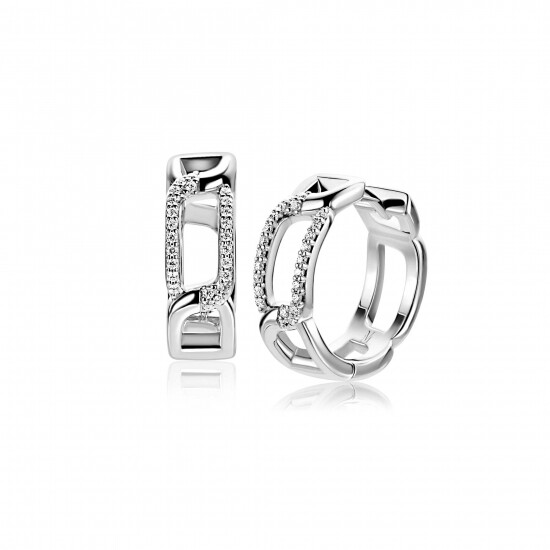 18mm Mart Visser by ZINZI silver hoop earrings with rectangular links and luxury hinge closure, adorned with white zirconia, MVO28