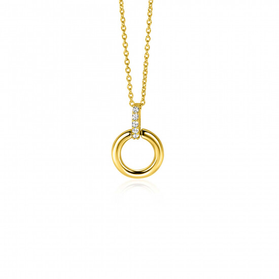 12mm ZINZI Gold 14 krt gouden ronde hanger met luxe opvallend hangoog, bezet met witte zirkonia's ZGH512 (zonder collier)