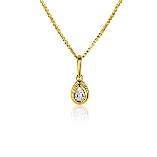 13mm ZINZI Gold 14 krt gouden hanger met druppelvormige witte zirconia in bewerkt kastje ZGH559 (zonder collier)
