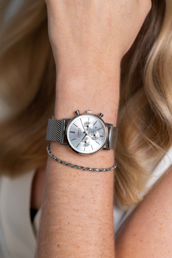 ZINZI horloge CHRONOGRAPH 34mm zilverkleurige wijzerplaat met datum en chronometers, stalen kast, stalen mesh band 18mm ZIW1502
