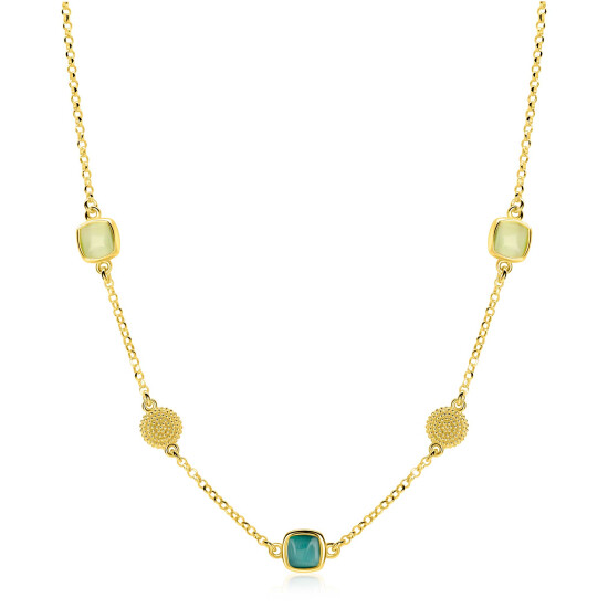 ZINZI gold plated zilveren ketting 45cm met drie vierkante kleurstenen in zachte groentinten, afgewisseld met ronde structuurelementen ZIC2904