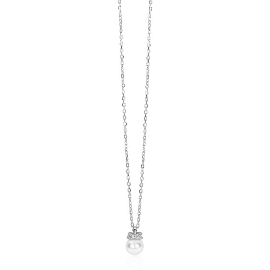 ZINZI zilveren ketting met een witte parelhanger (12mm) en een strikvormige zetting bezet met witte zirkonia’s 42-45cm ZIC2863