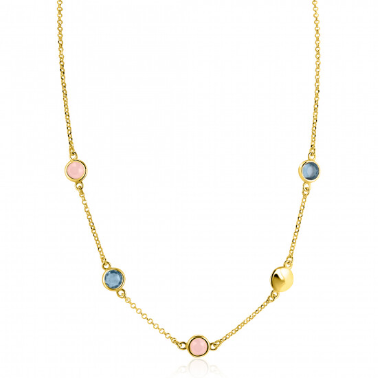 ZINZI gold plated zilveren ketting 40–45cm met rondjes, bezet met blauwe en roze kleurstenen ZIC2715G