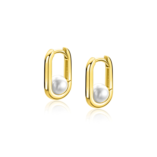 13,5mm ZINZI gold plated zilveren ovale oorringen met witte parel en luxe klapsluiting ZIO-BF146
