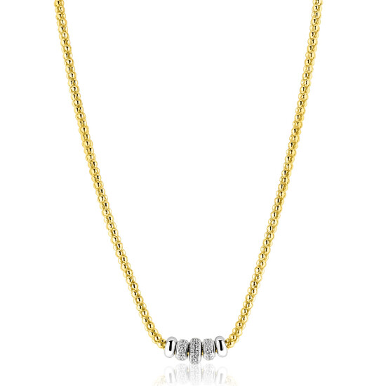 ZINZI goldplated zilveren popcorn schakelcollier 42-48cm met vijf sierlijke, beweegbare beads in zilver en wit zirkonia ZIC2779Y
