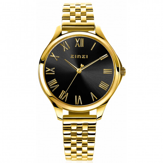 ZINZI horloge JULIA 34mm zwarte wijzerplaat romeinse cijfers goudkleurige stalen kast en band ziw1143
