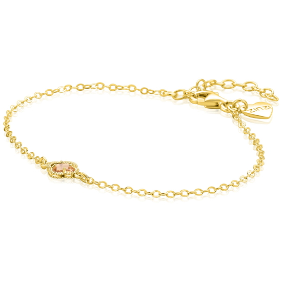 ZINZI gold plated zilveren schakel armband met een licht bruine klaver in het midden 16-19cm ZIA2905C