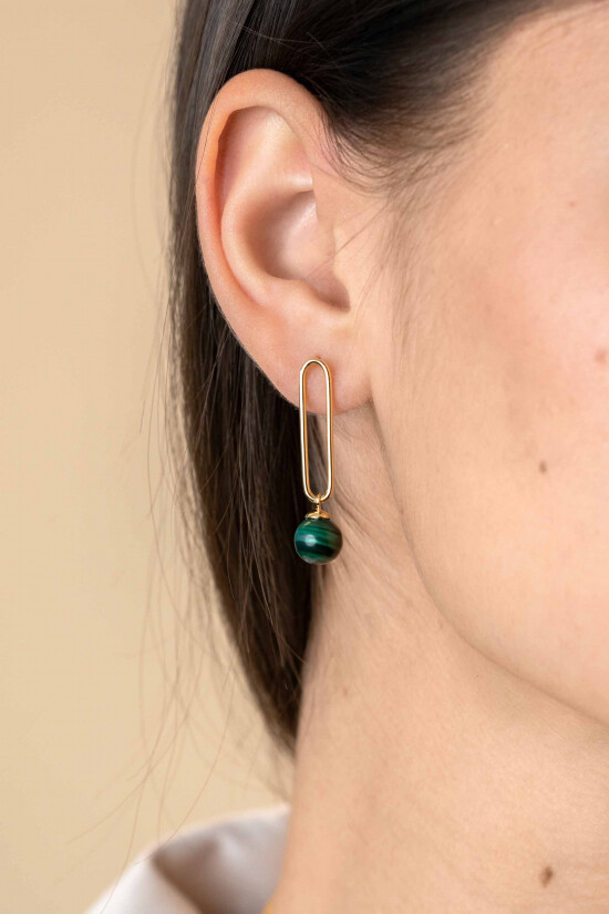 35mm ZINZI Gold Plated Sterling Silver Earrings Long Paperclip Chain and Green Cat's Eye Bead ZIO2420