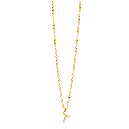 ZINZI gold plated zilveren letter hanger T bezet met witte zirkonia's ZIH2828-T (zonder ketting)