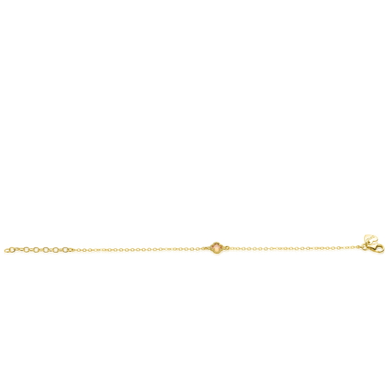 ZINZI gold plated zilveren schakel armband met een licht bruine klaver in het midden 16-19cm ZIA2905C