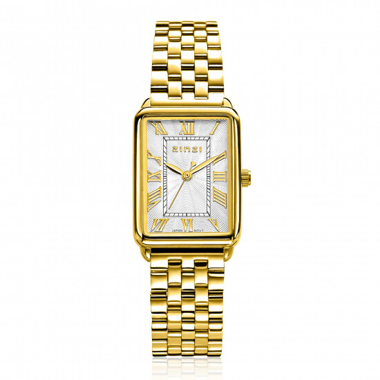 ZINZI Elegance bicolor horloge witte wijzerplaat en rechthoekige goudkleurige kast en geel vergulde stalen schakelband 28mm extra dun ZIW1907GB