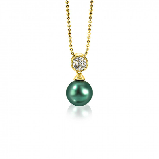 ZINZI zilveren parelhanger geelverguld 18mm witte zirconia's groene parel ZIH1151GG (zonder collier)