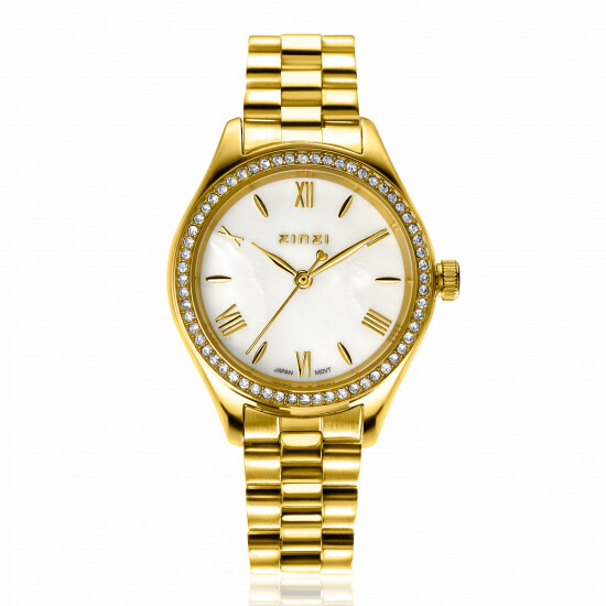 ZINZI Tresor horloge 32mm bezet met witte zirkonia's, parelmoer wijzerplaat en goudkleurige stalen kast en schakelband ZIW2434