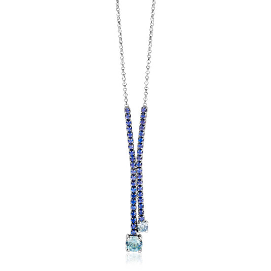 ZINZI zilveren Y-collier 45cm met luxe tennislook en saffierblauwe zirkonia's in rijzetting met twee grotere lichtblauwe zirkonia's ZIC2894B