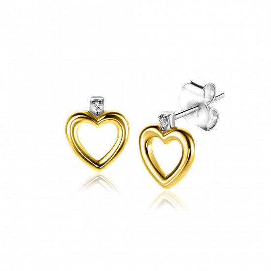 9mm ZINZI Gold Plated Sterling Silver Stud Earrings Open Heart White Zirconias ZIO2566