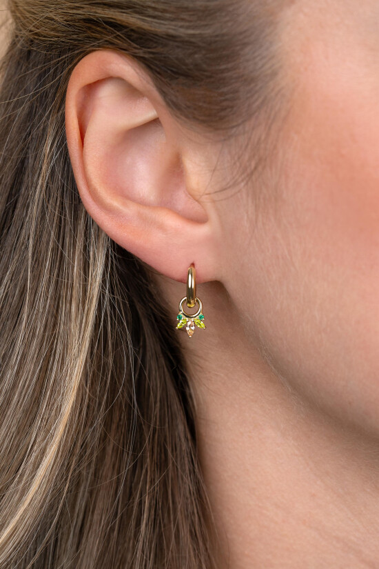 10mm ZINZI gold plated zilveren oorbedels met vijf speelse zettingen in aflopende grootte, bezet met champagne, peridot en donkergroene kleurstenen ZICH2633GC (zonder oorringen)