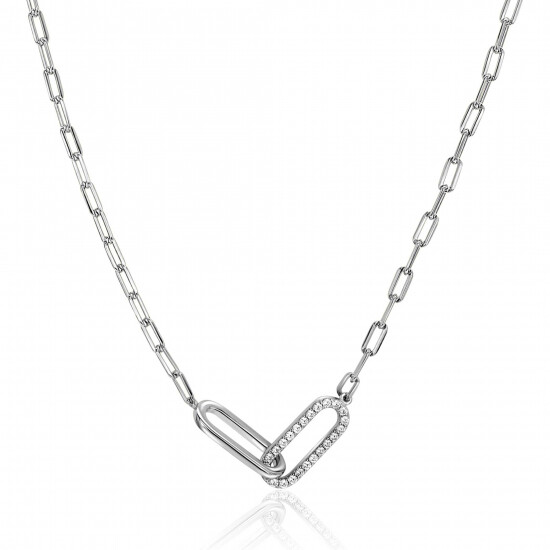 ZINZI zilveren paperclip schakelketting met twee verbonden schakels bezet met witte zirkonia's 40-45cm ZIC2690