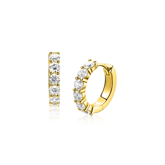 15mm ZINZI gold plated zilveren tennis oorringen bezet met zes ronde witte zirkonia's, 3mm buisdikte en luxe klapsluiting ZIO2888Y