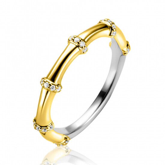 ZINZI gold plated zilveren aanschuifring (3,5mm breed) bamboo uitstraling, bezet met witte zirkonia's ZIR2687Y