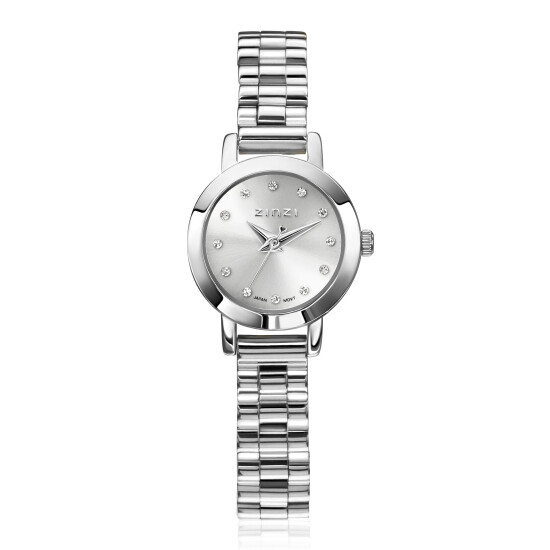 ZINZI Etoile Nuit horloge 20mm zilverkleurige wijzerplaat, witte zirkonia's als uur-aanduiding, zilverkleurige stalen kast en schakelband, Japans uurwerk ZIW3102
