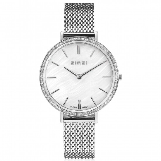 ZINZI horloge GRACE 34mm wit parelmoer wijzerplaat, rondom bezet met witte crystals, stalen kast en band ziw1317