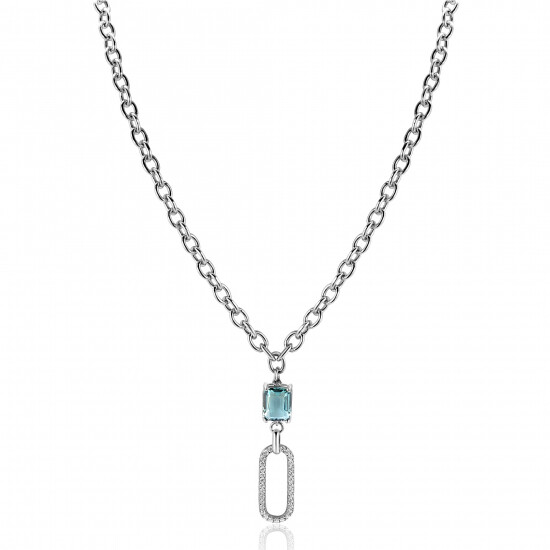 ZINZI zilveren  ovale schakel ketting 45cm met luxe hanger met ovale schakel, bezet met witte zirconia's. En groenachtig blauwe (petrol) kleursteen in vierpootszetting ZIC2487