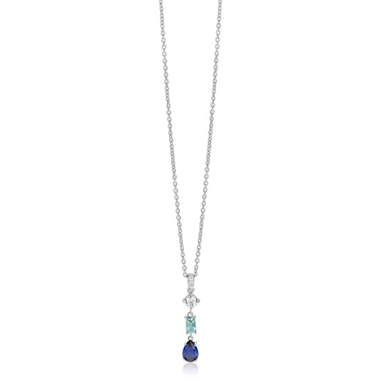 ZINZI zilveren collier 45cm met sierlijke hanger (27mm) bezet met een ronde witte zirkonia, licht aquablauwe rechthoekige kleursteen en diepblauwe peervormige kleursteen ZIC2901