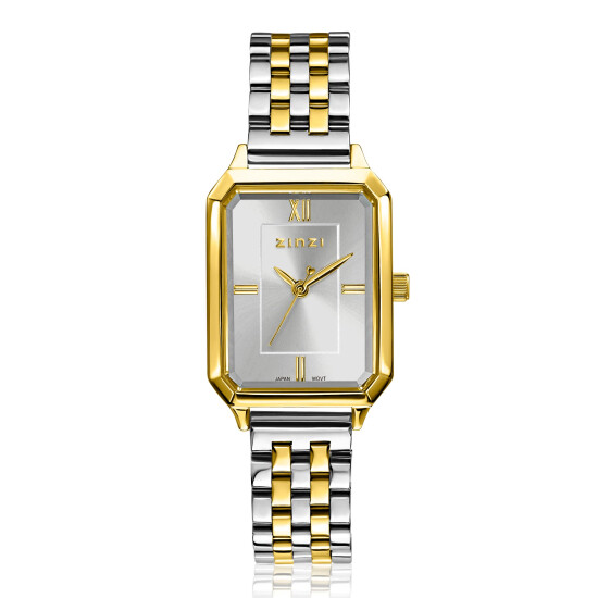 ZINZI Allure horloge 30mm achthoekige goudkleurige kast, zilvergekleurde wijzerplaat en bicolor stalen band, Japans uurwerk ZIW2533

